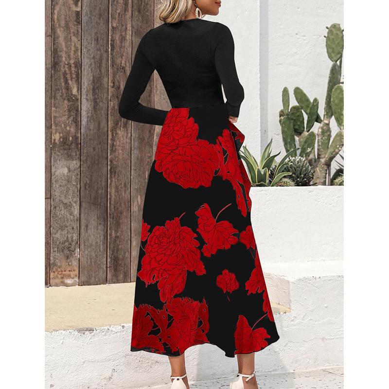 Весеннее элегантное облегающее женское повседневное платье с длинным рукавом, модное осеннее винтажное длинное платье с принтом и высокой талией, сексуальное вечернее платье А-силуэта 25943