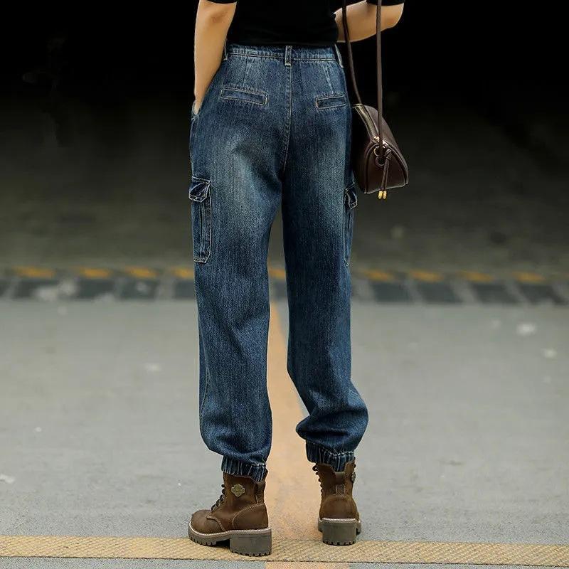 Spring and Autumn High Waist Work Clothes Jeans Women's Loose Pants Elastic Waist Straight Tube High Waist Slimming Pants