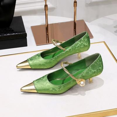 Модные туфли в ретро-стиле, металлический средний каблук, комбинированная расцветка, одинарные туфли, темпераментные Мэри Джейн, жемчужная цепочка, банкетные, для通勤, женская обувь