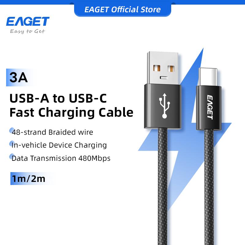 EAGET Кабель для быстрой зарядки 3A USB-A - USB-C, 66 Вт, 1 м/2 м, 48-жильный плетеный провод, скорость передачи данных 480 Мбит/с, совместим с устройствами Android