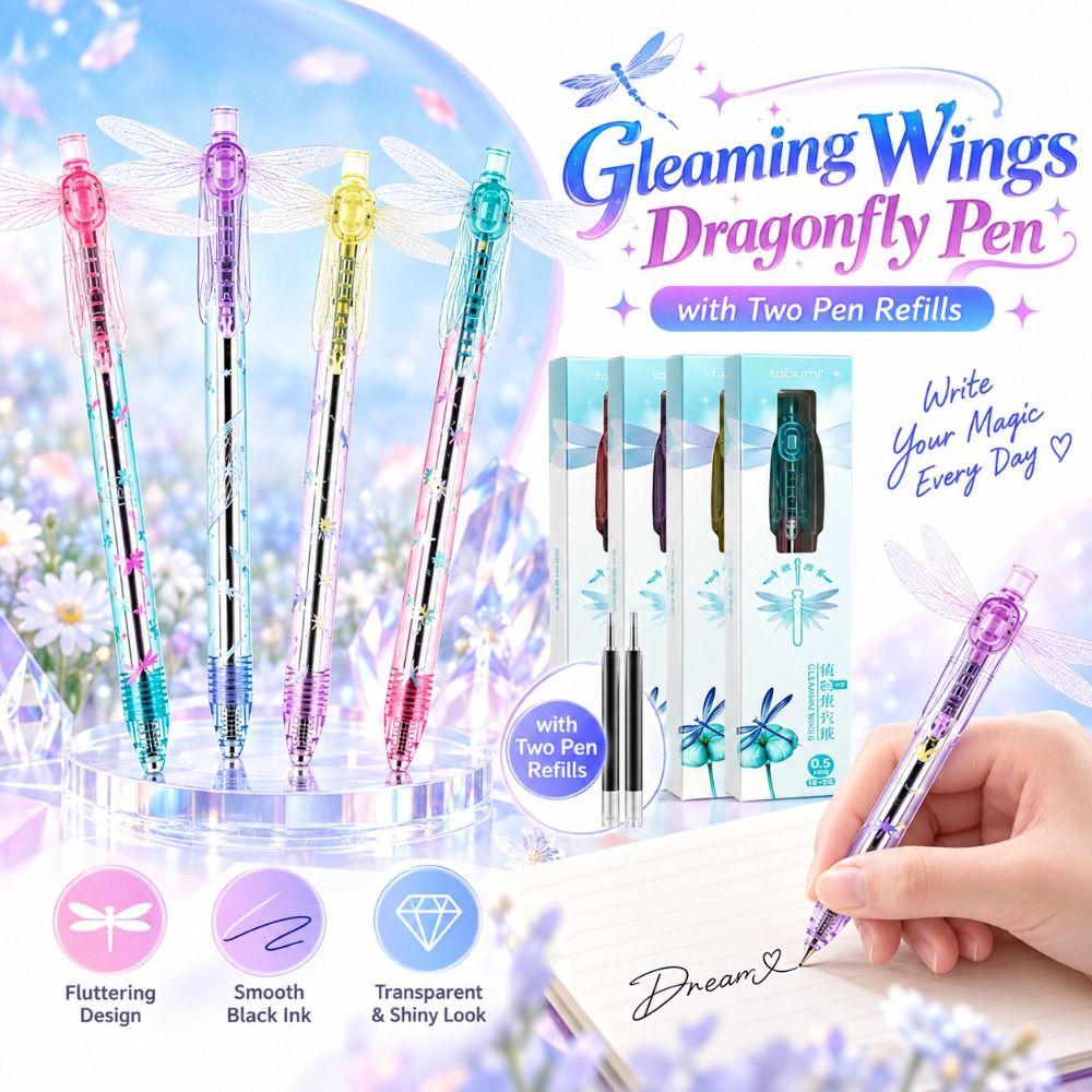 0.5mm Gleaming Wings Dragonfly Pen with Two Pen Refills Black Ink Pens Stationery Supplies
