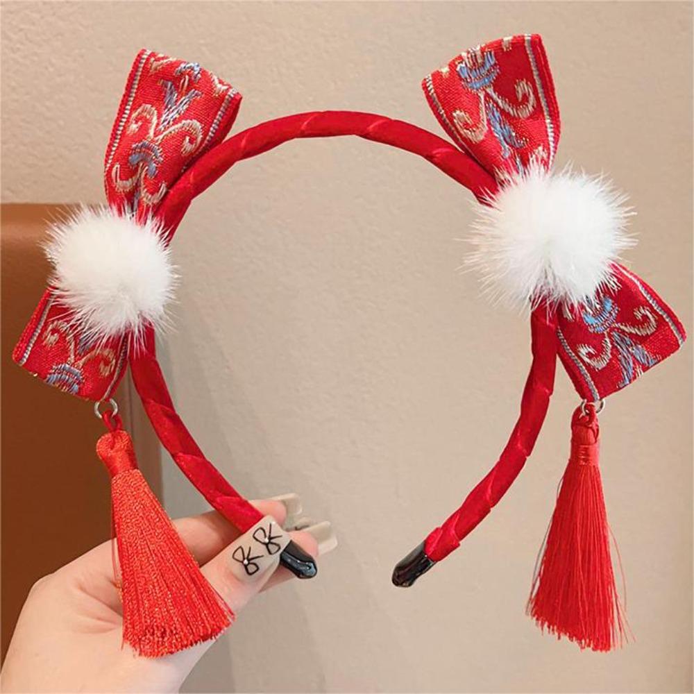 Tassel Chinese New Year Headwear Plush Ball Red Hairband Sweet Hanfu Hair Bun Hair Hoop Children