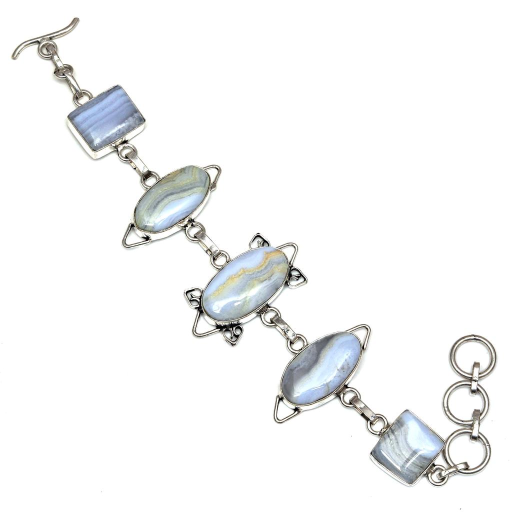 Silver Lace Blue Bracelet Sterling Agate Gemstone 7-8" Cuff Agate, Topaz