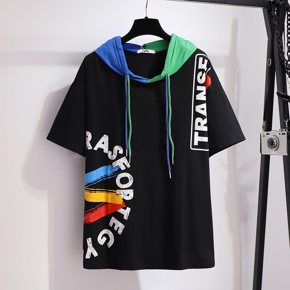Женская летняя футболка с капюшоном и коротким рукавом больших размеров, свободный топ с цветными блоками в стиле граффити