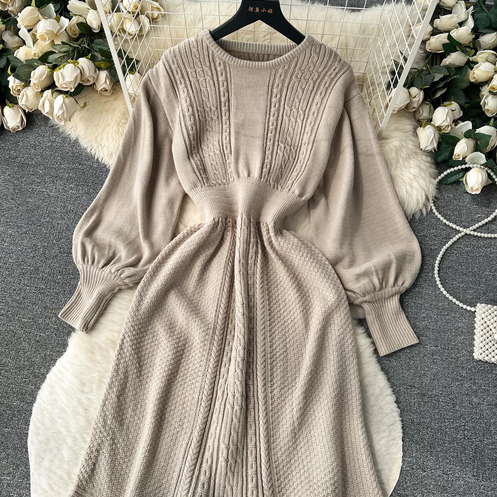 French New Loose Casual Knit Long Dress Women Solid Elastic Waist Lantern Sleeve O Neck Ladies Fashion Winter Sweater Dresses