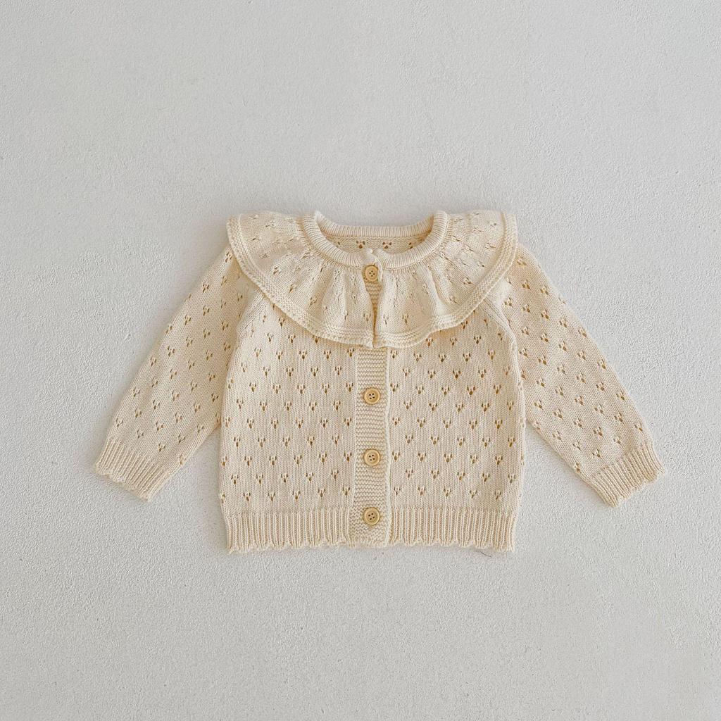 2024 Autumn/Winter Baby Girl Knitted Cotton Cardigan with Lotus Collar, 0-3 Years, Long Sleeve, Hollow Design.