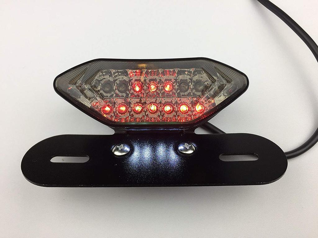 Karun Universal Motorcycle LED Tail Lamp with Turn Signal, Built-in Mini Moto License Plate Light with Stay (Smoke)