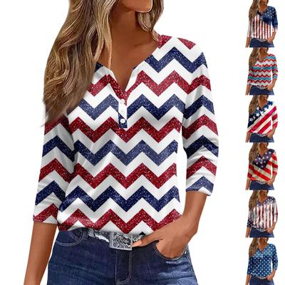 Жен. Футболка Футболка С принтом Пуговицы Рукав 3/4 Повседневные Выходные Мода Классический V-образный вырез Обычный Топ