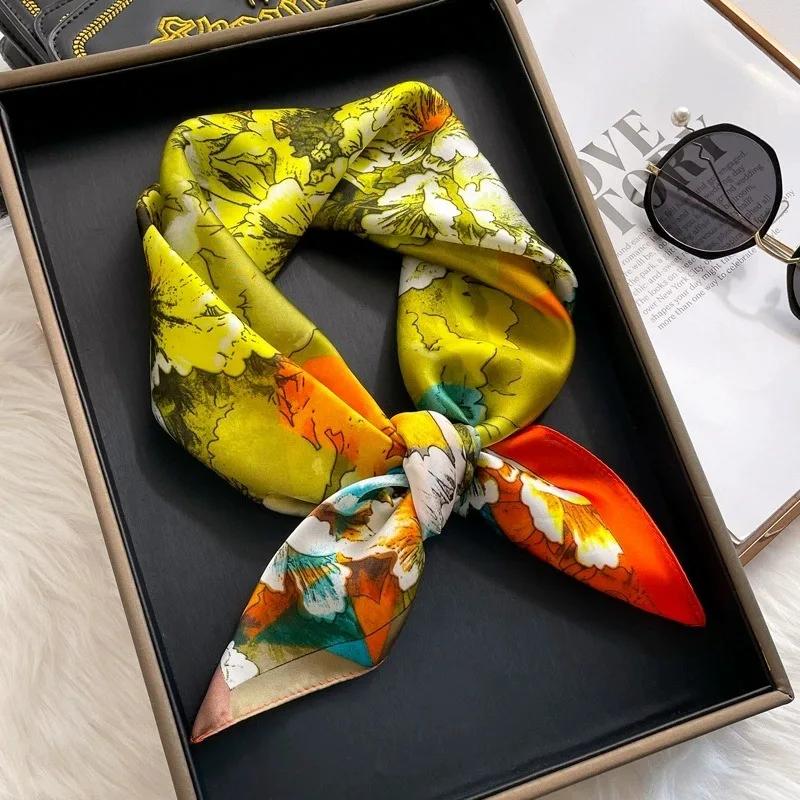 70cm Yellow Peony Imitation Silk Scarf for Women Thin Spring and Autumn Scarves Fashionable and Versatile Shawl Scarf Headscarf