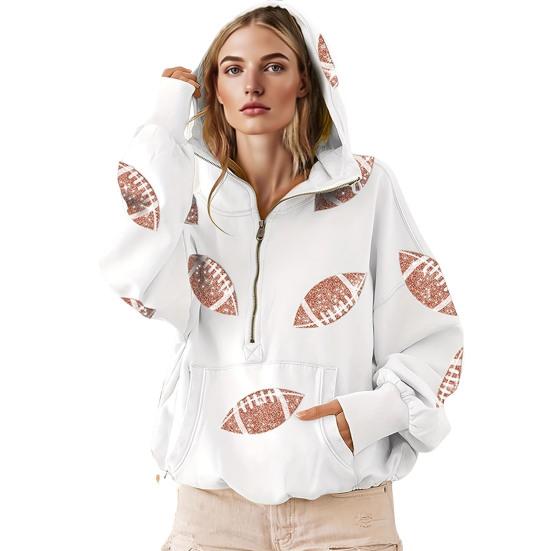 Женская толстовка с капюшоном, худи оверсайз на молнии до середины, с принтом регби с пайетками, осенний повседневный пуловер с карманами