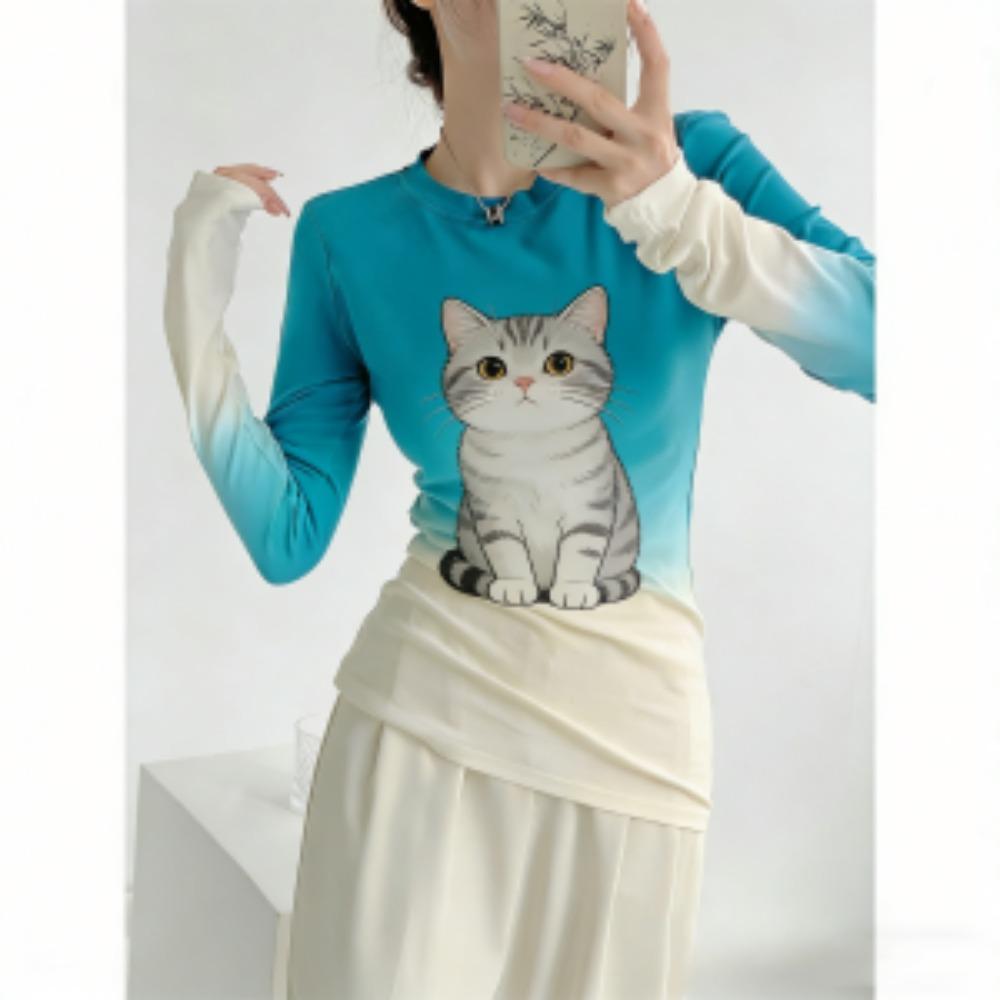 Весна Европа Америка Кот Леопардовый принт Модная женская футболка Пуловер Женская одежда с длинным рукавом Повседневные футболки для улицы Топ