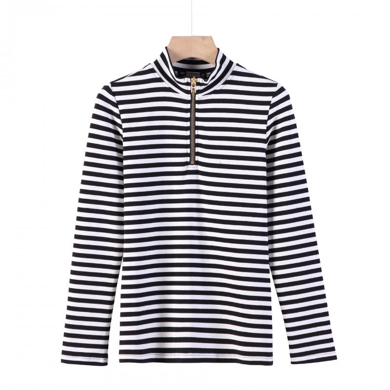 Полосатая футболка, весенняя женская тонкая офисная футболка с воротником и воротником, женские хлопковые корейские топы с длинными рукавами на молнии в корейском стиле