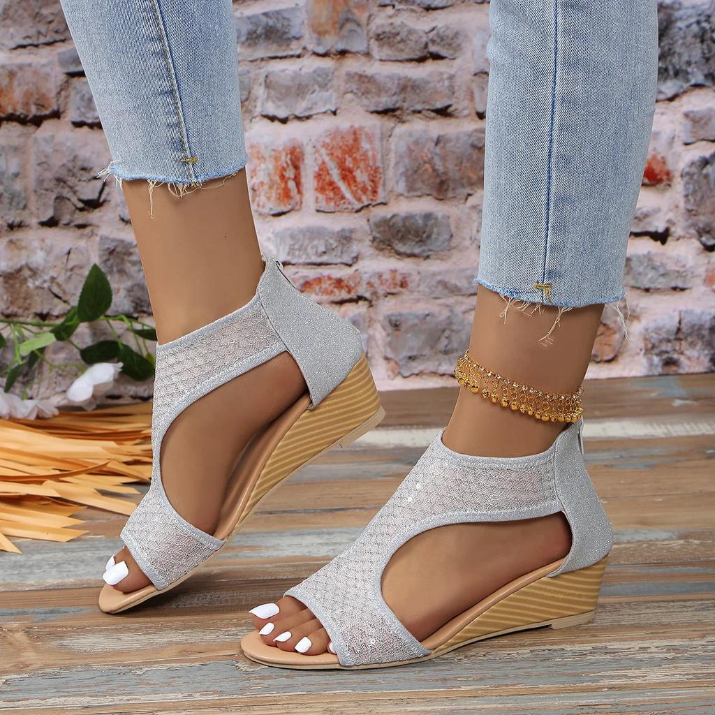 Модные летние новые сандалии на танкетке с пайетками и сеткой, женские роскошные женские босоножки с открытым носком и молнией сзади, повседневные туфли в римском стиле Zapatos De Mujer