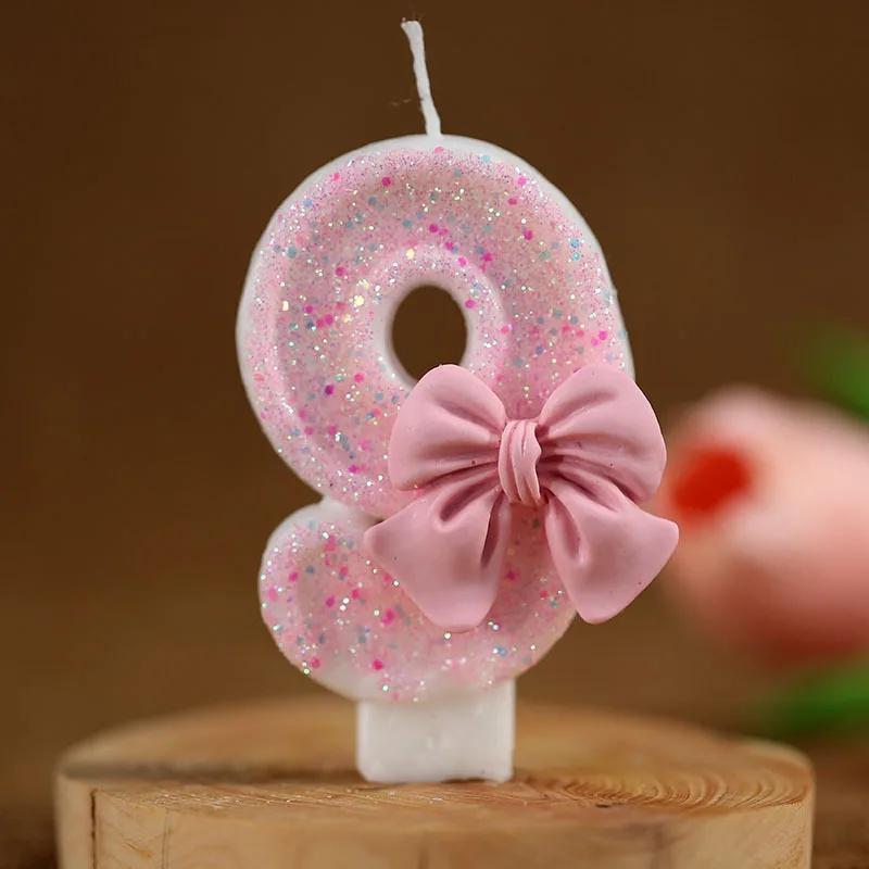 MIT Pink 3D Number Cake Decorating Candles Cute Pink Bow Digital Candles Cake Topper Birthday Party Memorial Day Party Cake Decor