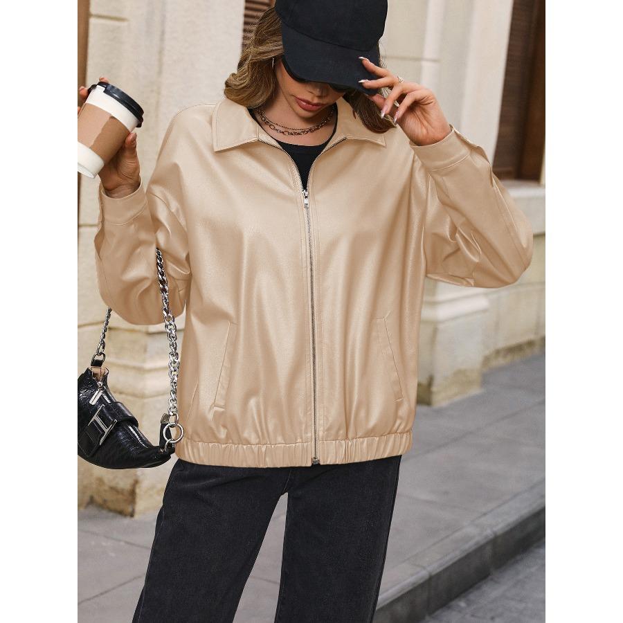 Женская повседневная куртка из искусственной кожи с коротким рукавом и молнией из искусственной кожи, однотонные куртки с лацканами