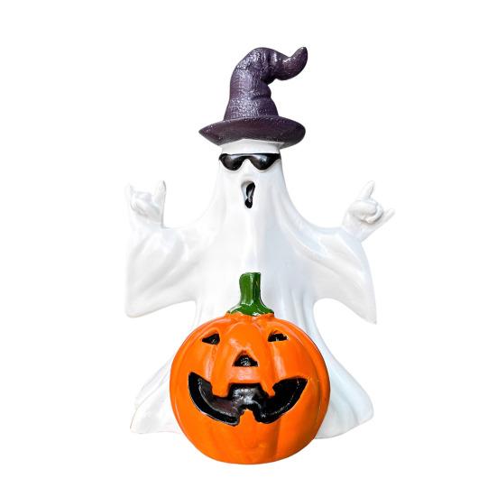 Halloween Ghost Pumpkin Statue Spooky Wizard Hat Sunglasses Ghost Resin Figurine Sculpture Holiday Party Home Desktop Decoration Ornament