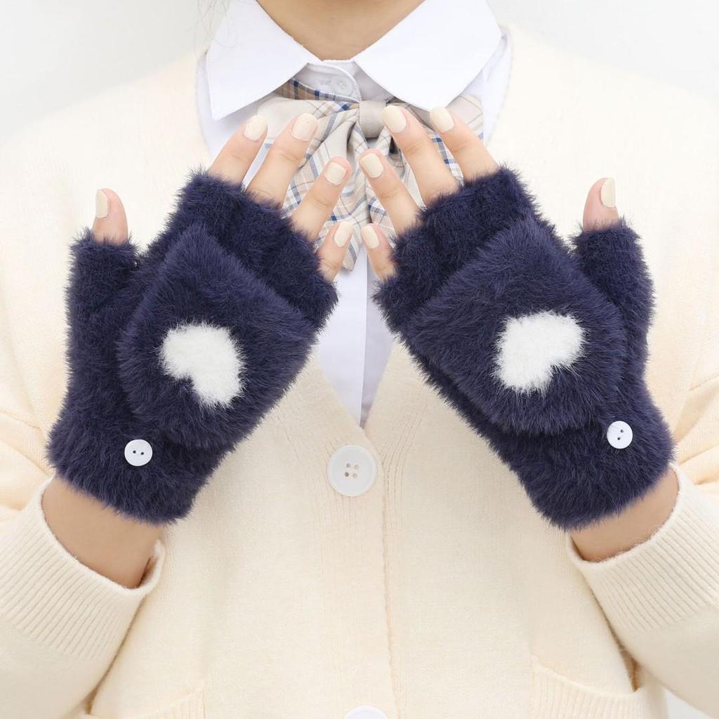 Newcomer Special: Women's Faux Mink Plush Flip Gloves with Love Heart Design, Half-Finger Style for Autumn/Winter Warmth