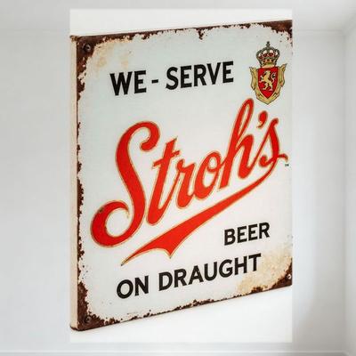 Винтажная металлическая вывеска пива Stroh's на розлив, прямоугольная жестяная вывеска с выветрившимися ржавыми краями, с жирным текстом и гербом, для стены бара паба D