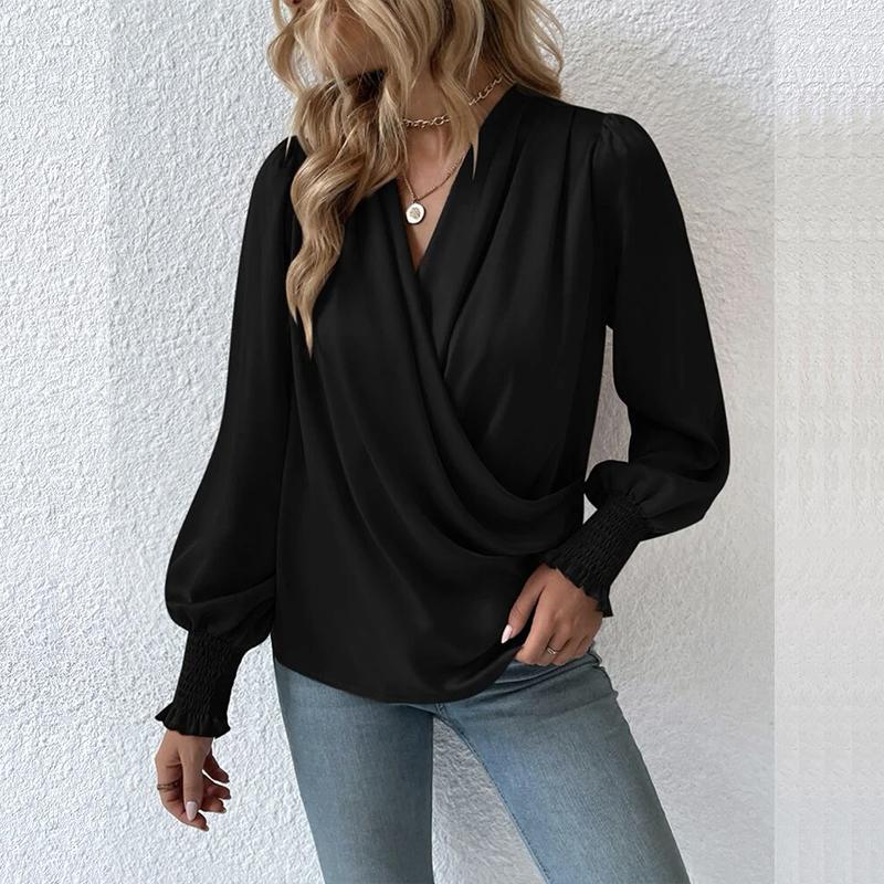 Элегантная женская однотонная рубашка с v-образным вырезом и воздушными рукавами