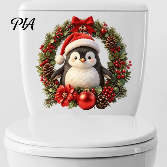 Holiday Wall Art for Bathroom Christmas Penguin Toilet Stickers, Self-Adhesive Lid Decals, Waterproof Xmas Easy Apply Stickers Decor Tank Tile