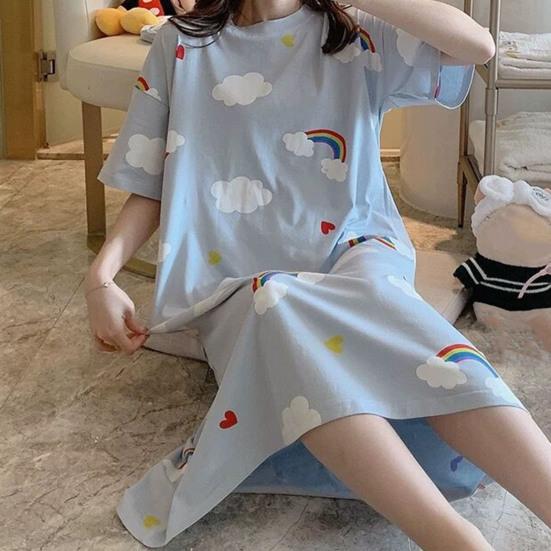 Beautiful Sleeping Dress Breathable Relaxed Comfortable Girls Sweet Pink Heart Print Summer Nightdress Home Wear