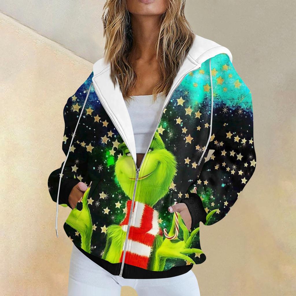 Женская модная повседневная толстовка с рождественским принтом и длинными рукавами, карманная куртка, пальто с капюшоном на молнии