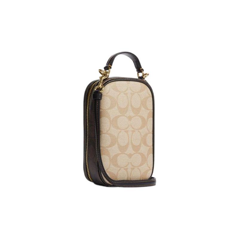 COACH Eva 11 classic old flower print zipper card slot artificial leather mobile phone bag handbag mini women's light khaki color with brown