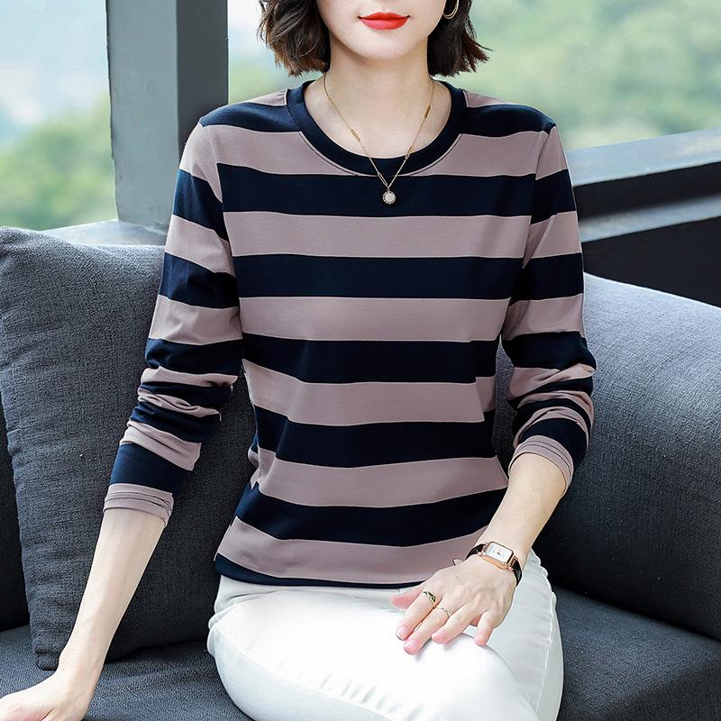 Осенняя одежда для мам среднего возраста, свободная хлопковая футболка с длинным рукавом больших размеров, женская осенняя одежда, майки с полосатыми топами
