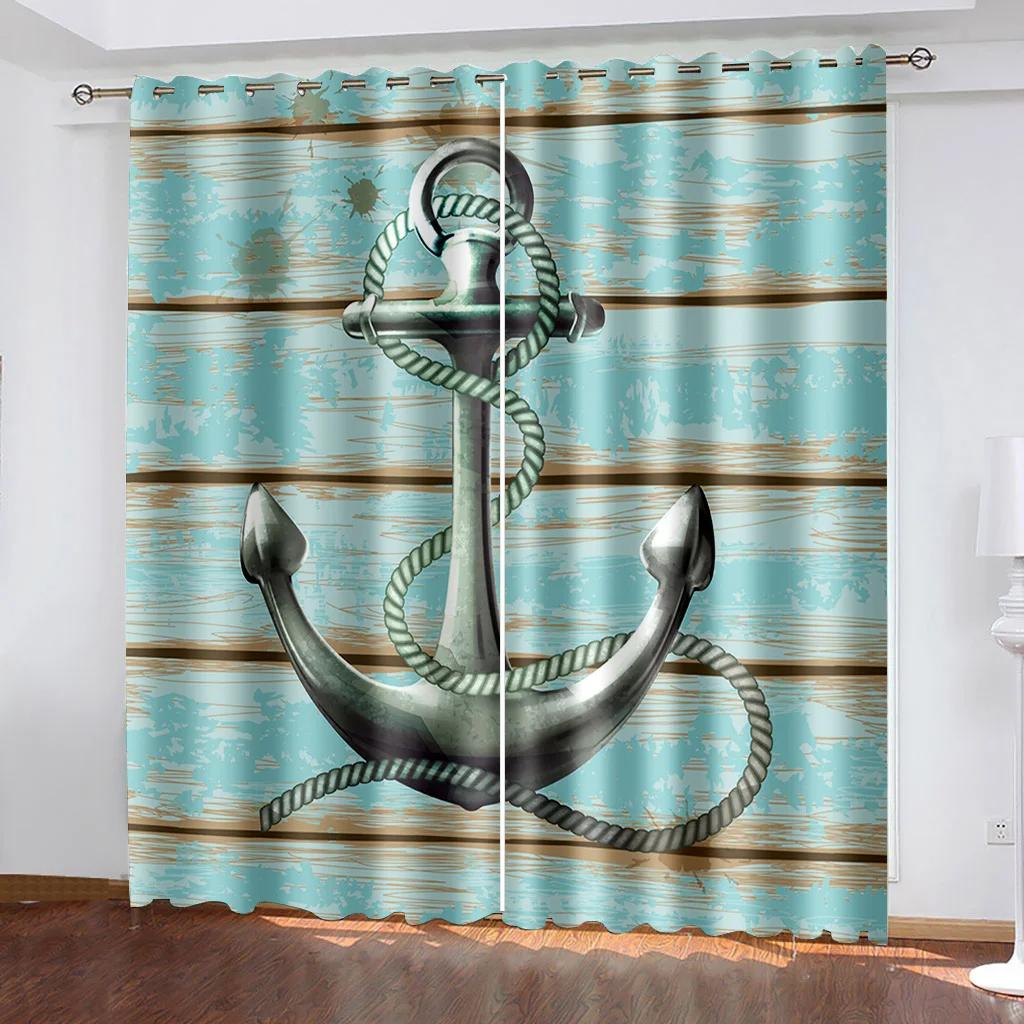 Главная Морской узор якоря Высокие затемняющие шторы Раздвижные стеклянные двери Спальня Гостиная Плотная затемняющая штора Новый стиль Shade