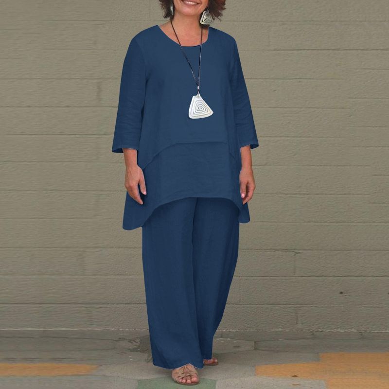 Fake Two-piece Cotton Linen White Set Women's Casual Irregular Top + Wide-leg Pants 2-piece Suit Loose Oversized Women Outfit