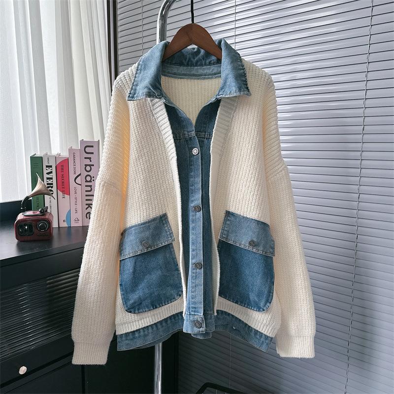 Women's Sweater Jacket Fall and Winter Trend Loose Splicing Denim Knit Cardigan Tops