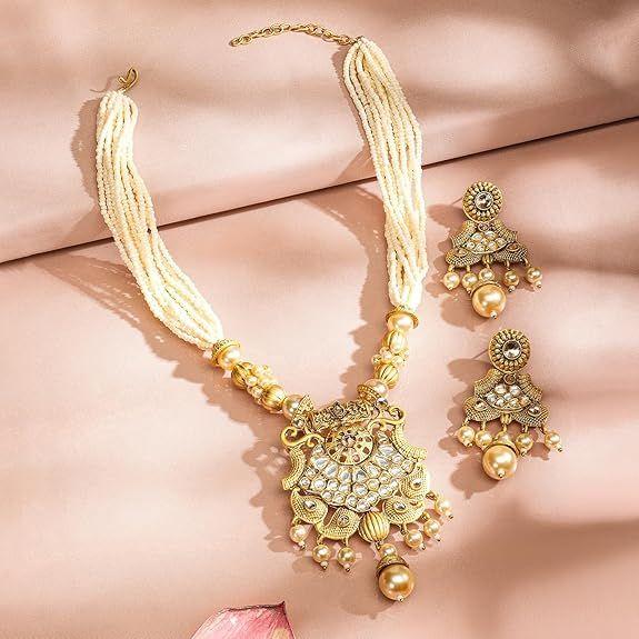 Gold-Plated Handcrafted Artificial Traditional Jewelry Set-Ruby/Kundan Stones & Pearl Beaded Multistrand with Matching Earrings For Women and Girls
