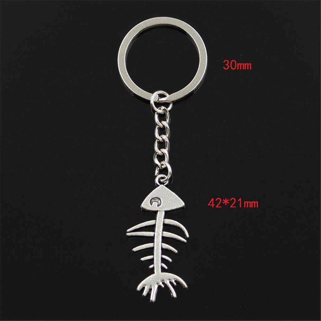New Fashion Men 30mm Keychain DIY Metal Holder Chain Vintage Fish Bone 42x21mm Silver Color Pendant Gift
