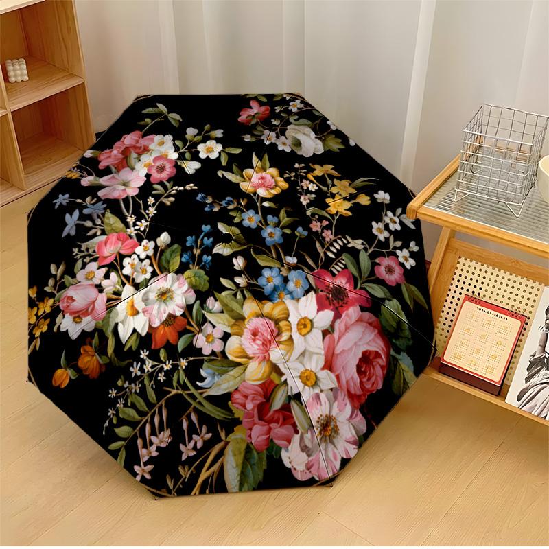 Retro flowers (2) Theme Automatic Umbrella Compact 8-Rib Design Sturdy Construction Durable Umbrella Stylish Accessory