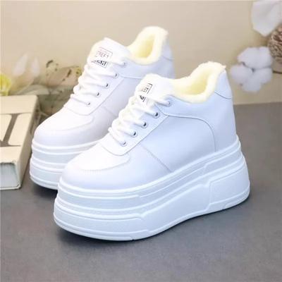 12СМ Натуральная Кожа Платформа Клиновидная Подошва Повседневные Массивные Кроссовки Женская Обувь Ботильоны Весна Осень Зима Плюшевая Теплая Обувь