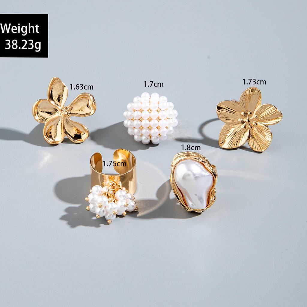 European and American Style Geometric Irregular Fashion Ring Set, Personalized Design, Imitation Pearl Layered Ring Ring