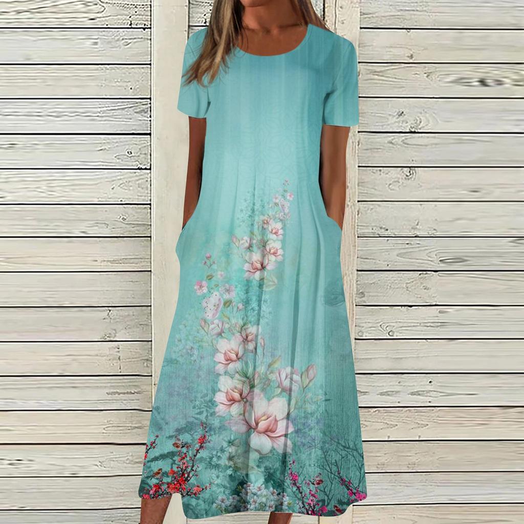 Женское летнее повседневное модное платье с коротким рукавом и карманом с круглым вырезом