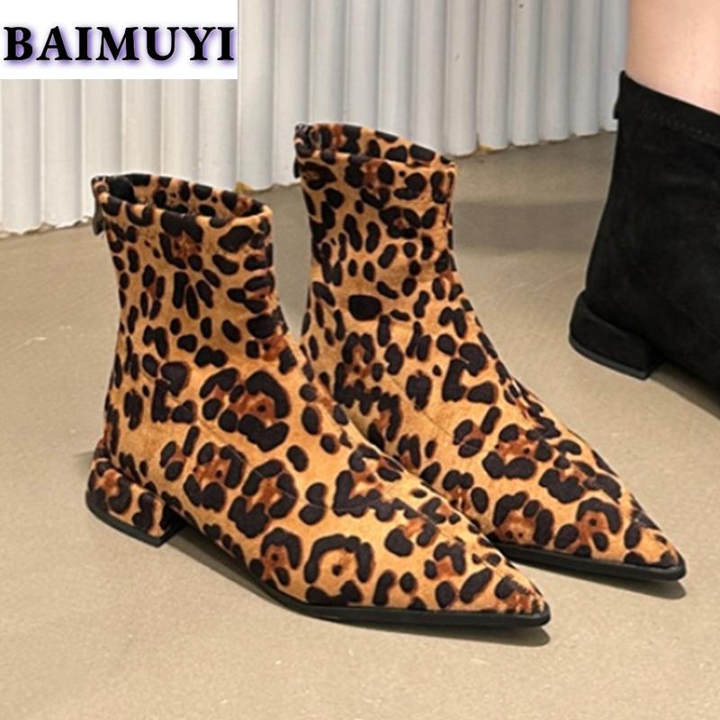 Сексуальные женские туфли с острым носком и леопардовым принтом, ботильоны на среднем каблуке, тренд 2025 года, дизайнерские массивные новые ботинки челси, туфли-лодочки на молнии, женские ботинки