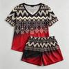 Summer Geometric Wavy Lines Pattern Printed V- Neck Short Sleeved T-Shirt And Shorts Set Women's and Men's T-shirt Shorts Set