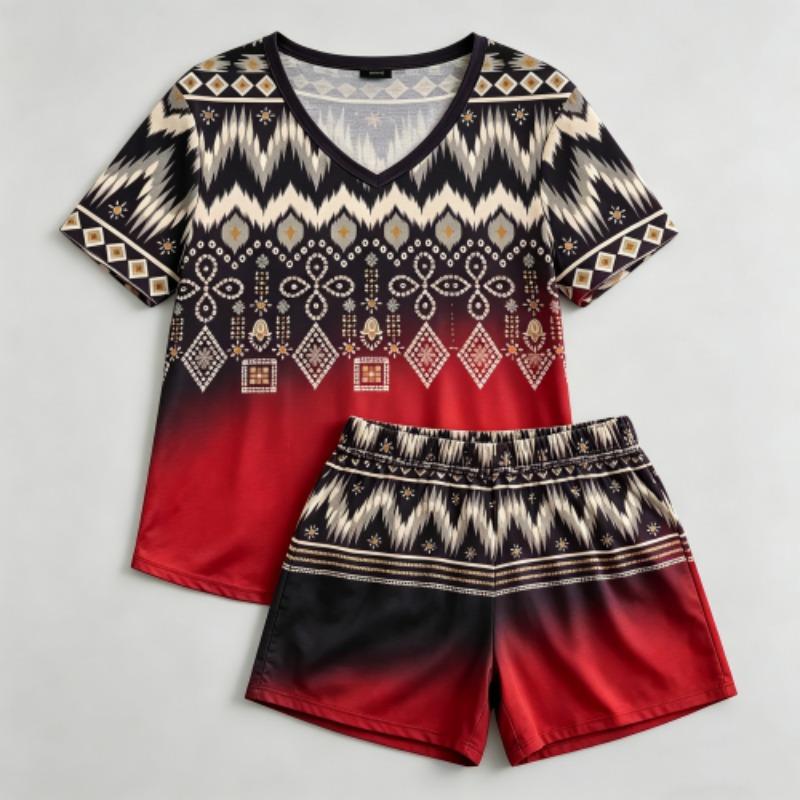 Summer Geometric Wavy Lines Pattern Printed V- Neck Short Sleeved T-Shirt And Shorts Set Women's and Men's T-shirt Shorts Set