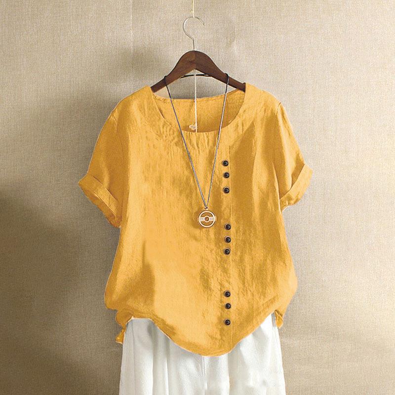 Women Loose Casual Tops Button Linen Daily Boho Tunic T-shirt Short Sleeve Blouse