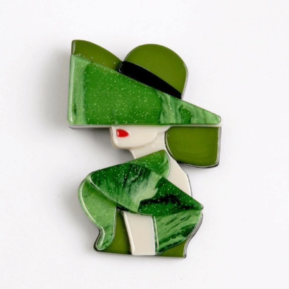 Cartoon Women Portrait Pin Acrylic Girl Badge Retro Lady with Hat Brooch