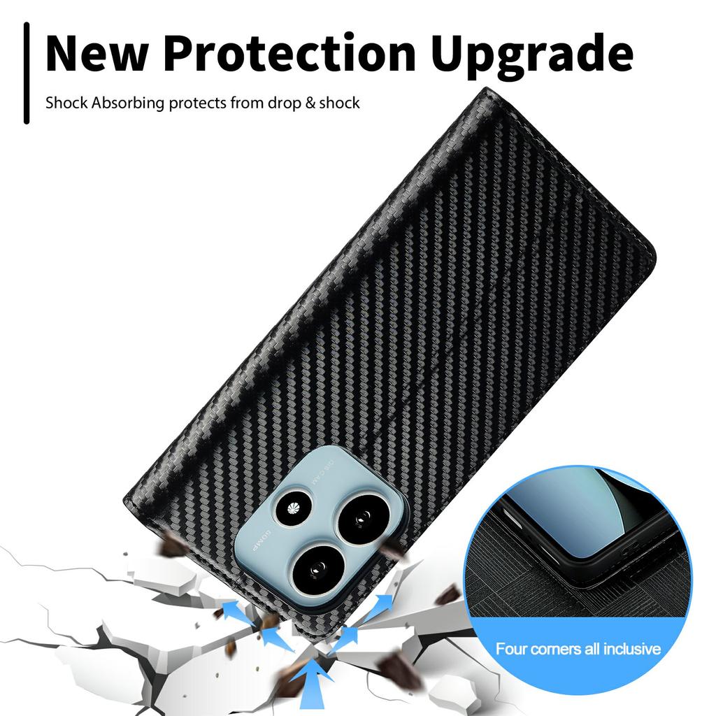 LC.IMEEKE For Xiaomi Redmi Note 14 4G (164.84mm) Case Carbon Fiber Texture Phone Cover Stand Card Holder