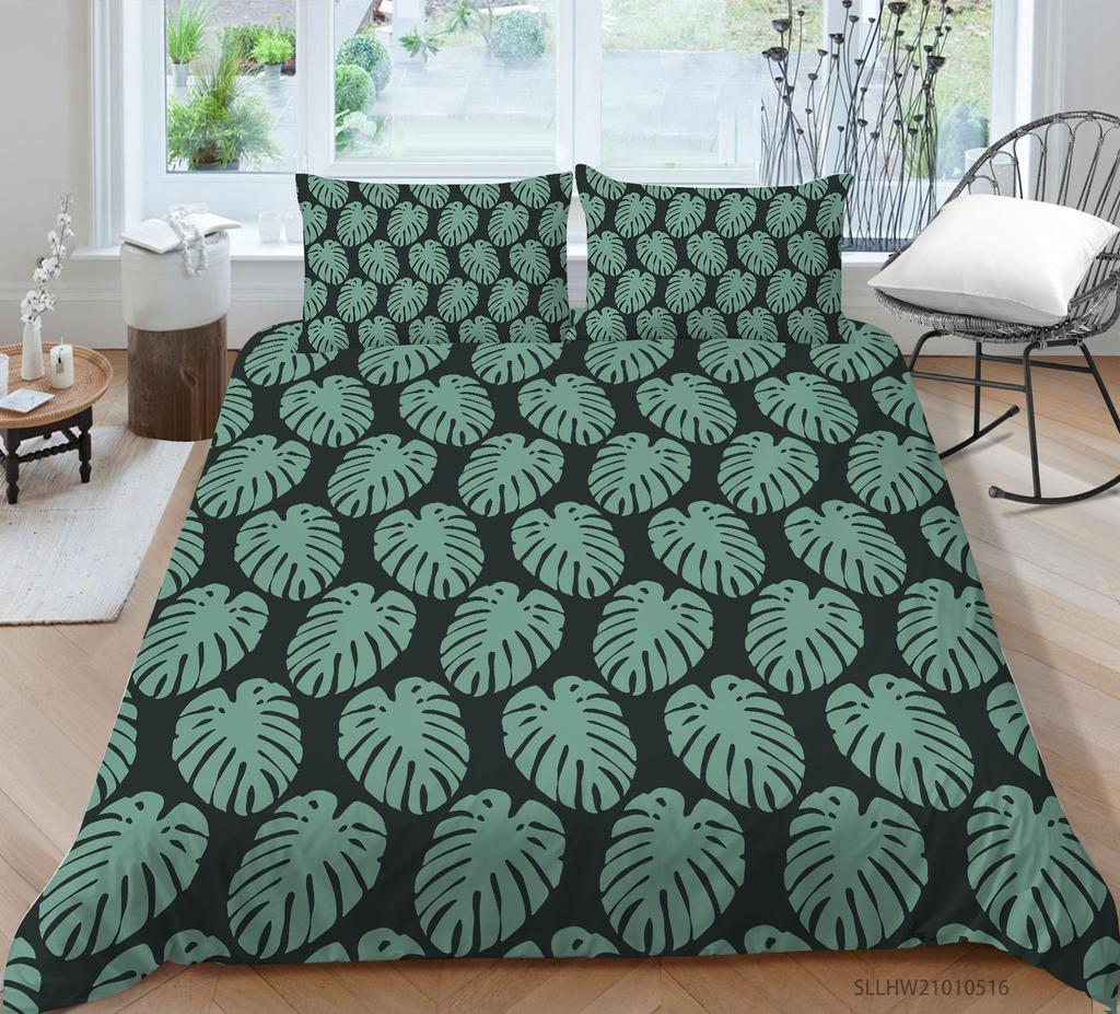 3D Green Leaf Bedding Plant Down Quilt Cover and Pillowcase 2 or 3 Pieces of Microfiber Fabric with Zipper Washable Super Soft Home Decoration
