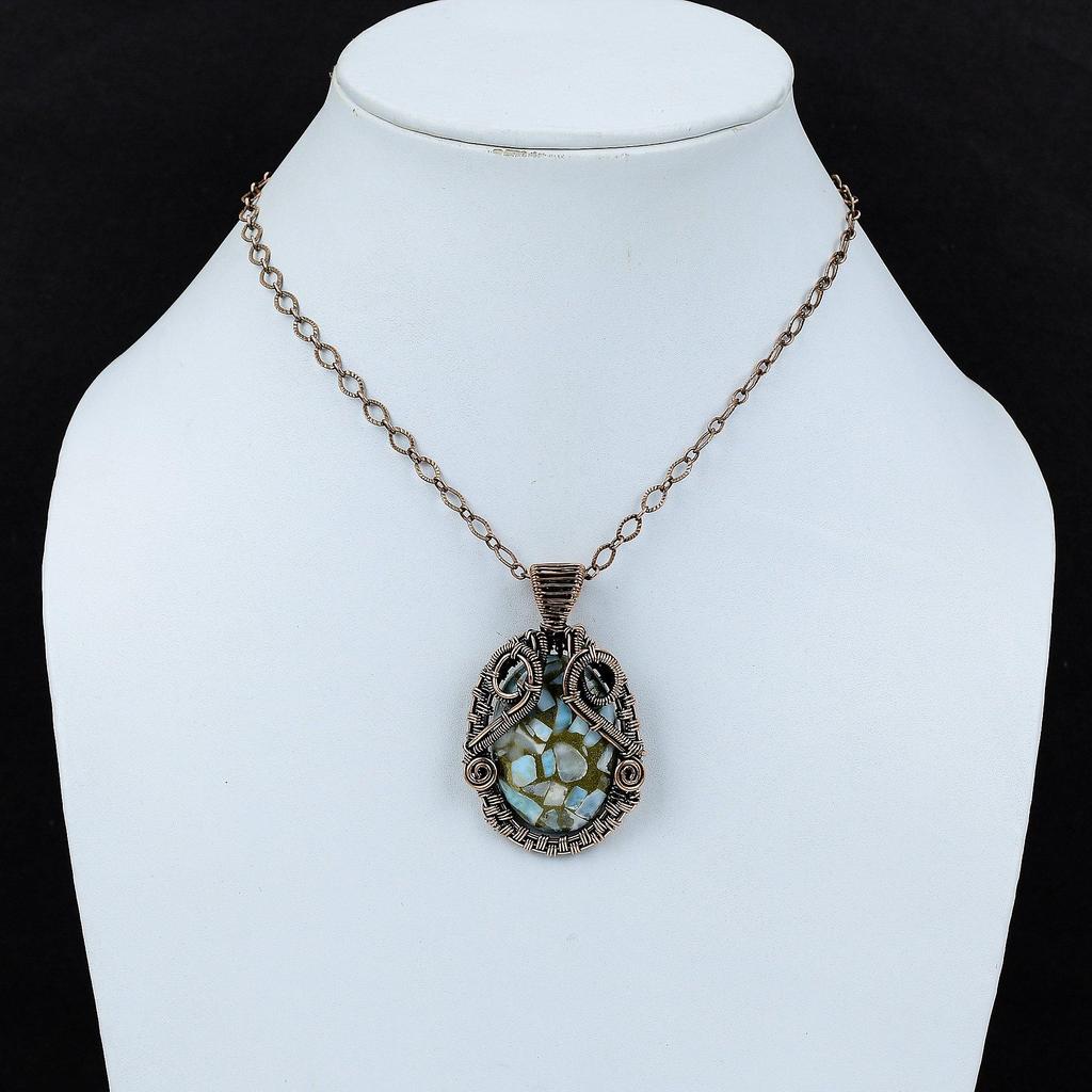 Медный кулон Ларимар, кулон из медной проволоки, медные украшения ручной работы, стильный кулон, ювелирные изделия из проволочной обертки, кулон с драгоценным камнем, подарок для него