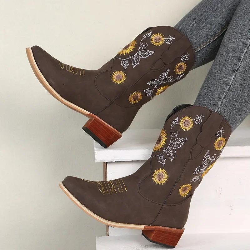 Женские ботинки из искусственной кожи с принтом и вышивкой Классические высокие повседневные женские туфли Женские ботинки на блочном каблуке с рисунком подсолнуха