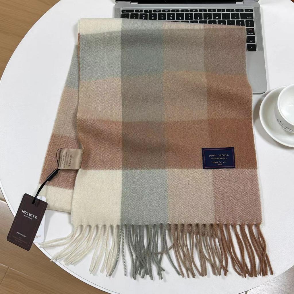 Men Scarf 100% Wool Plaid Warm Soft Muffler Female Winter Autumn Couple Cashmere Windproof Stripe Tassel Shawl Male Thick Scarf