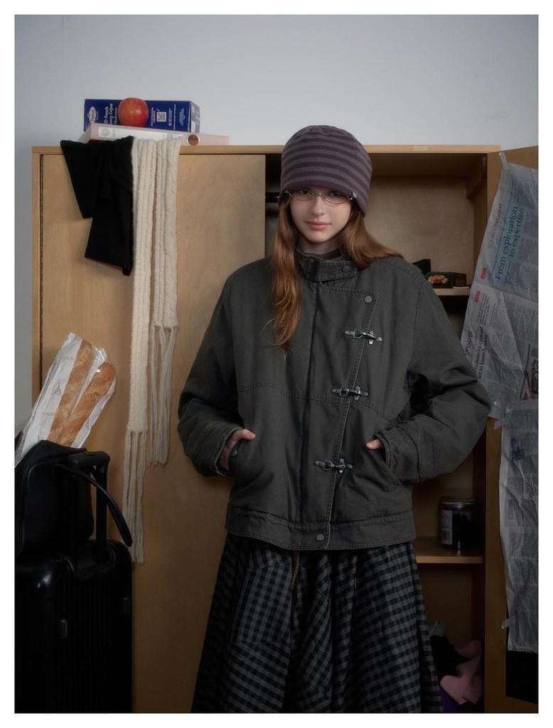 Trendy Unisex Retro Washed Metal Bit Workwear Jacket - Winter Stand Collar Cotton Coat