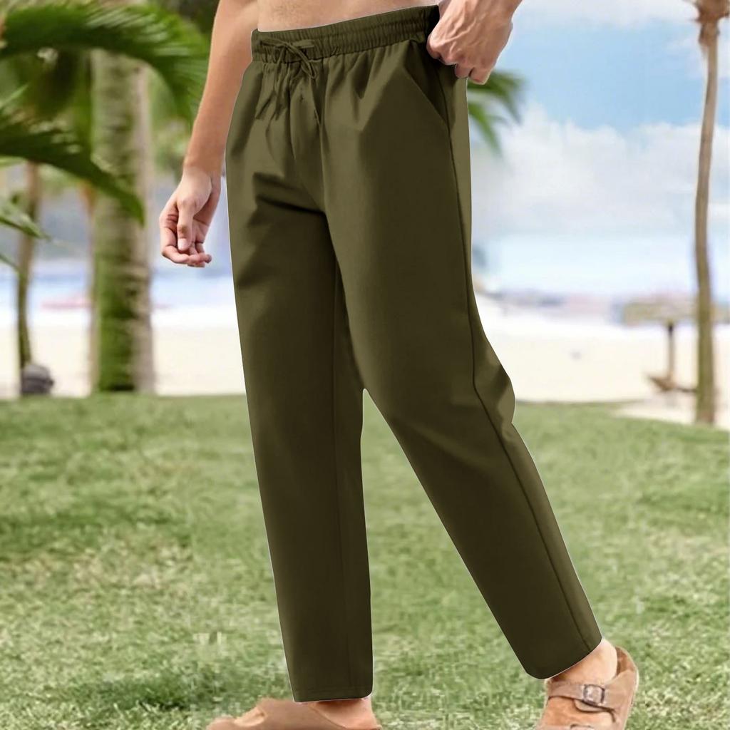 Льняные повседневные брюки мужские с эластичной талией и завязками на шнурке летние брюки для йоги и пляжа