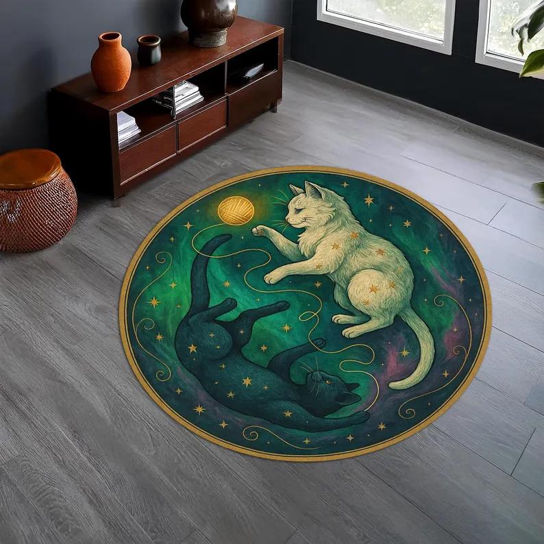 Круглый ковер для кошки Винтажный узор подсолнуха Подарок для любителя кошек Мандала Богемный стиль Ковер для гостиной спальни